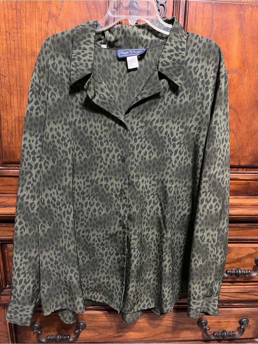 Vintage Maggie McNaughton Olive Green Leopard Button-Up Blouse size 18W